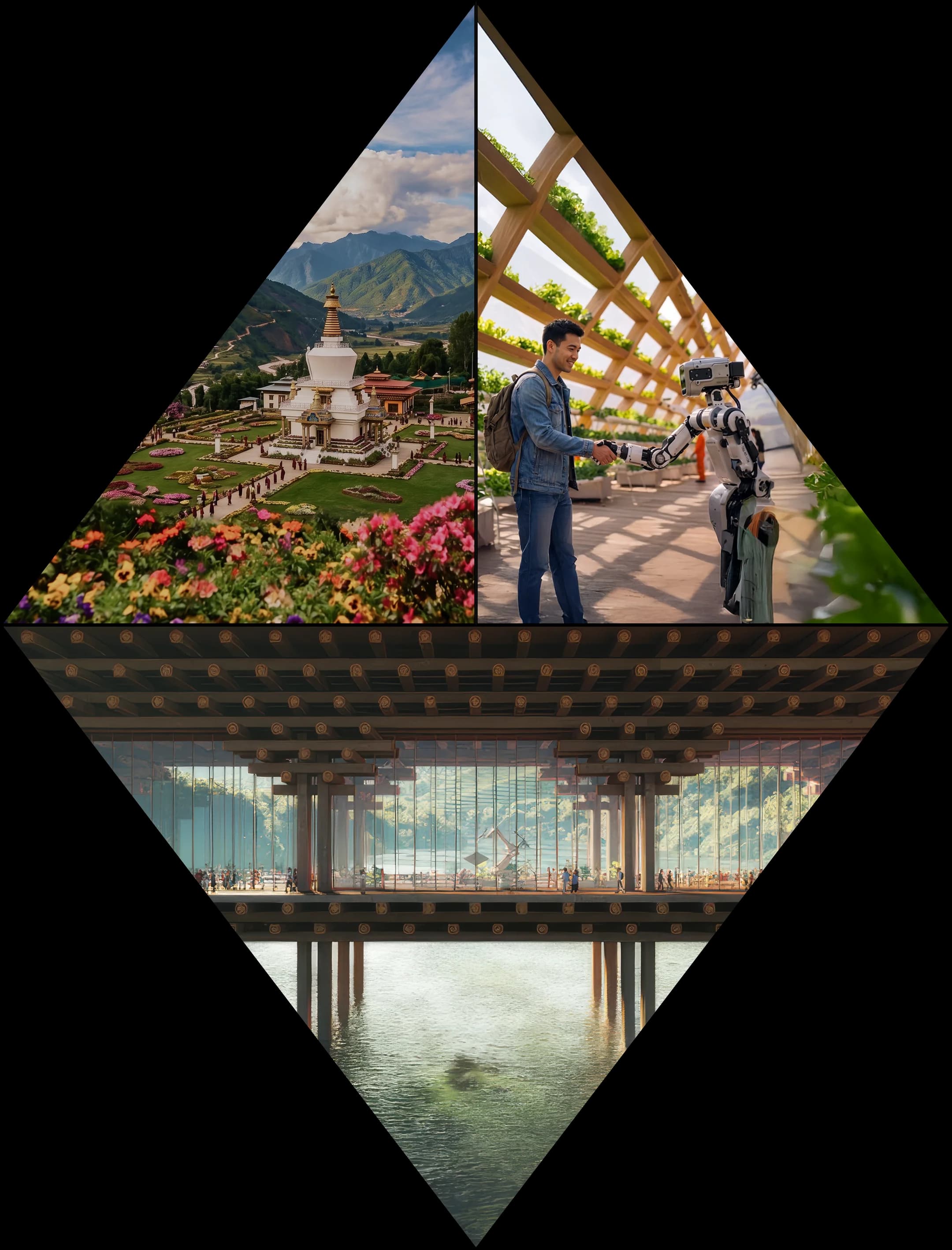 A composite portrait diamond formed from photographs of the Kingdom of Bhutan and Gelephu Mindfulness City