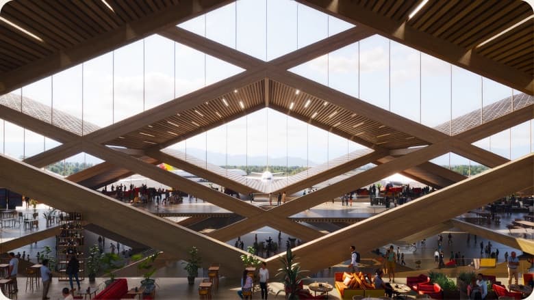 Architectural render of the timber-latticed Gelephu International Airport terminal