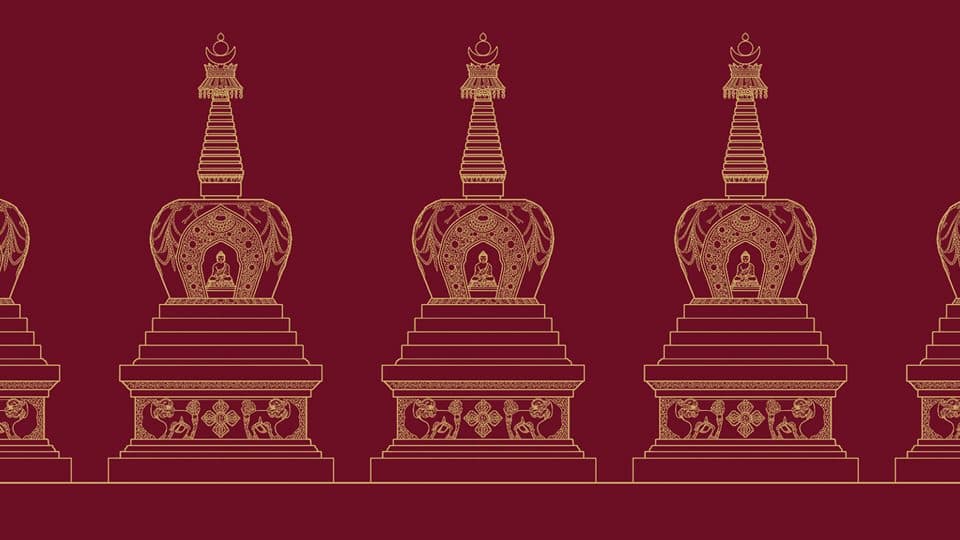 Illustrated row of golden Jangchub Chortens against a deep maroon background