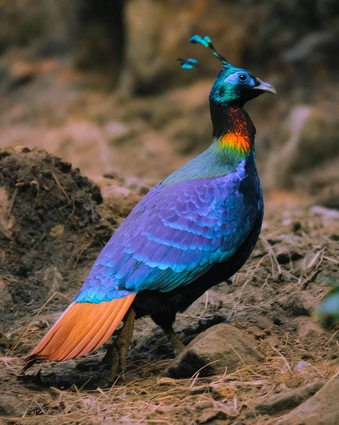 A Himalayan monal, Bhutan's iridescent national bird, standing among fallen leaves in the forest.