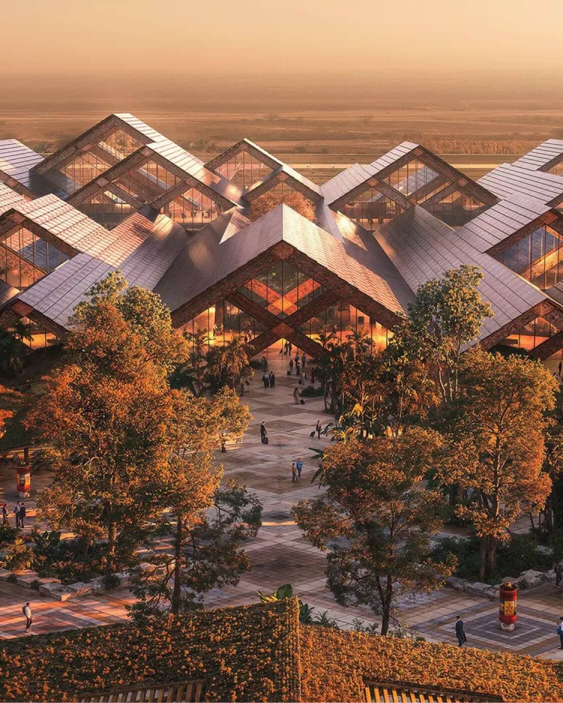 An architectural rendering of Gelephu Mindfulness City's folded timber pavilions at golden hour, with people walking through a landscaped plaza.