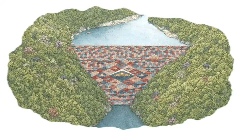 Aerial illustration of a diamond-patterned roofed pavilion set within a forested river valley