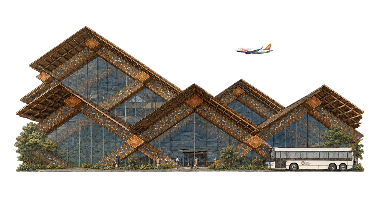 Illustration of the diamond-roofed Gelephu International Airport