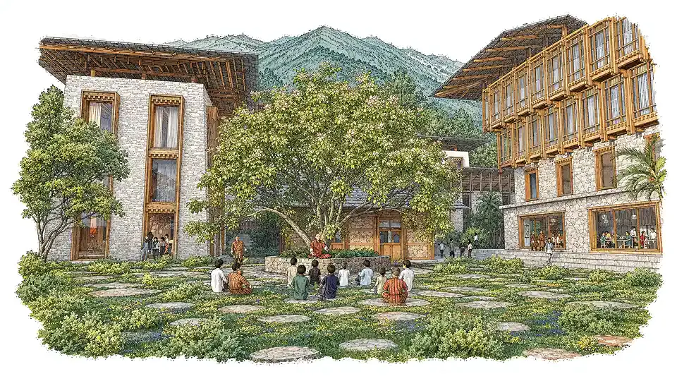Illustration of a robed teacher leading a semicircle of children in an outdoor lesson beneath a courtyard tree, flanked by traditional Bhutanese buildings