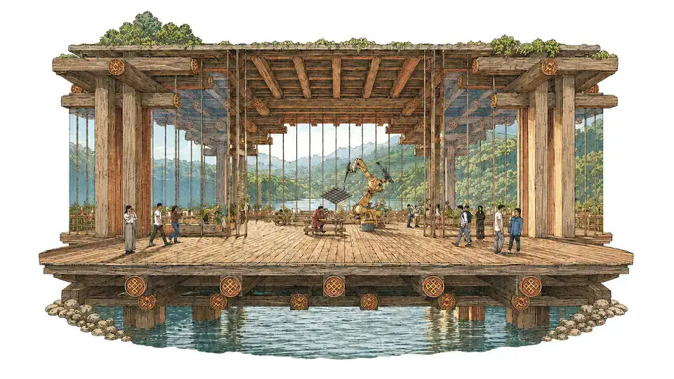 Illustration of a glass-walled timber pavilion on stilts over water, with a robotic arm at its centre and visitors walking through