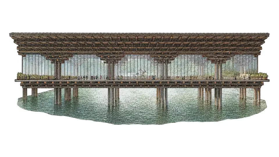 Illustration of a timber-lattice-roofed pavilion on stilts spanning a reservoir, with visitors walking along its glazed gallery