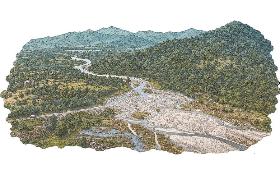 Illustration of a braided river winding through a forested valley, with farmland and a mountain range beyond