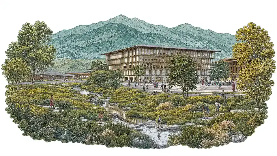 Illustration of a colonnaded building beyond a landscaped wetland stream, with trees, visitors, and a mountain range beyond